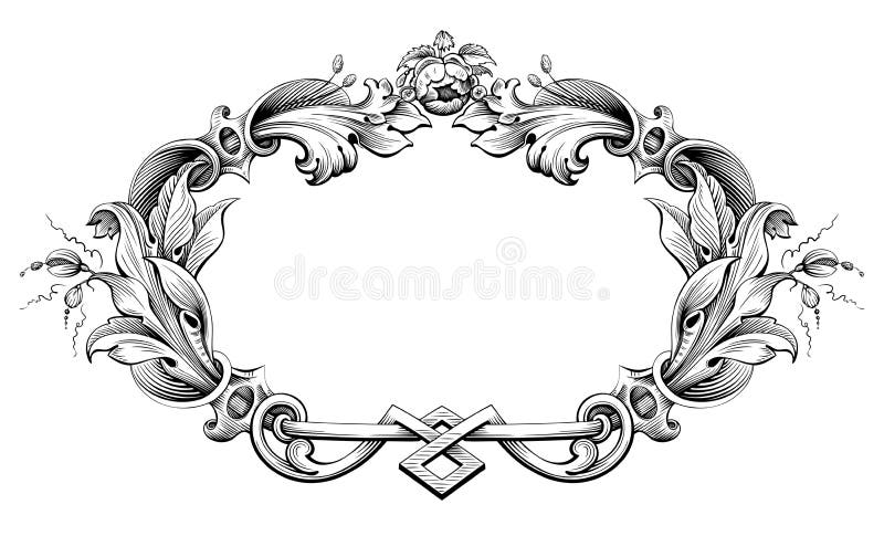 Rocznika wiktoriański ramy granicy monograma kwiecistego ornamentu Barokowa ślimacznica grawerujący retro deseniowy tatuaż kaligr royalty ilustracja