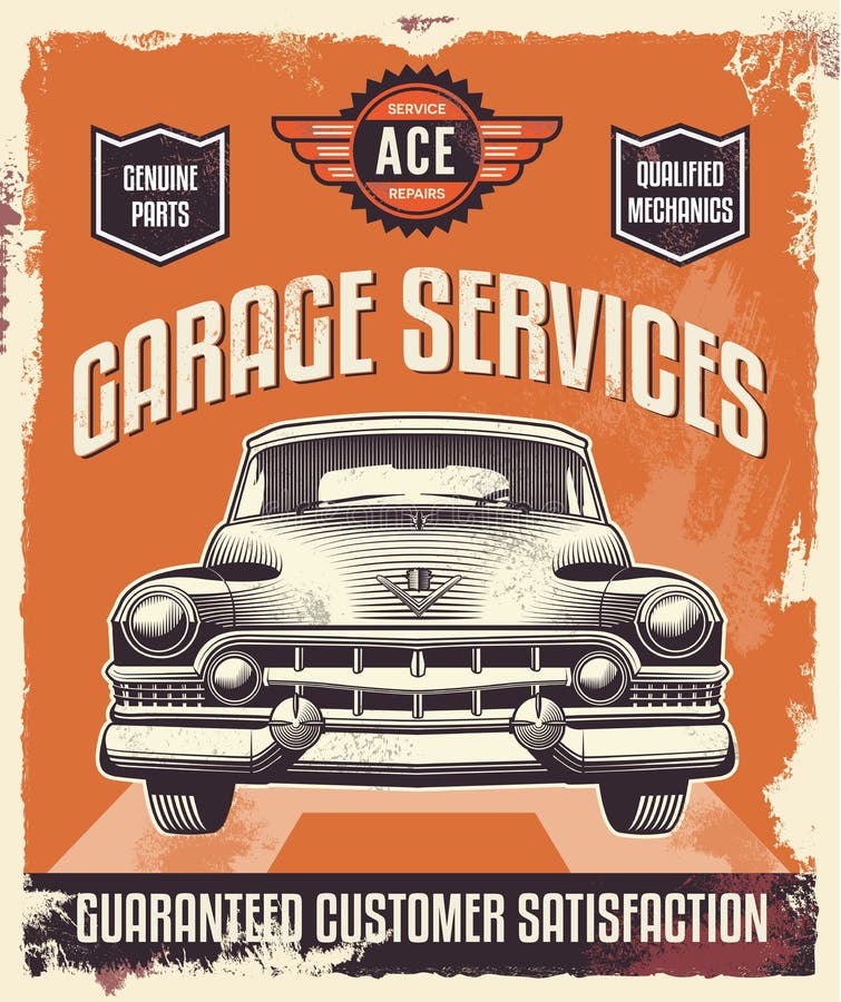 Rocznika znak Klasyczny samochód - garaż - Reklamujący plakat -