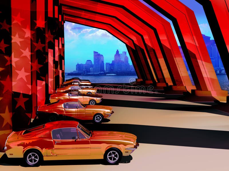 Classic cars, Ford Mustang, aligned under a modern structure at the foreground of a Manhattan view. Classic cars, Ford Mustang, aligned under a modern structure at the foreground of a Manhattan view.