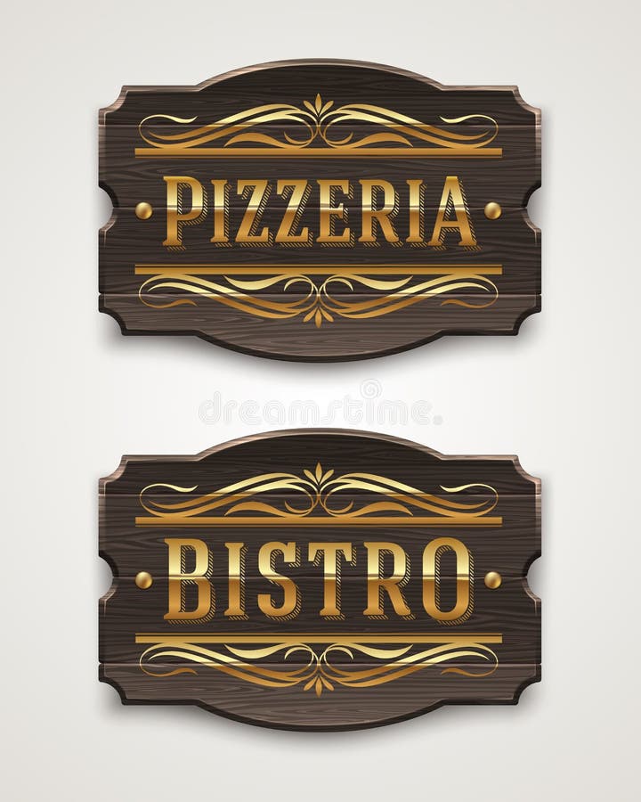 Roczników drewniani znaki dla pizzeria i bistr