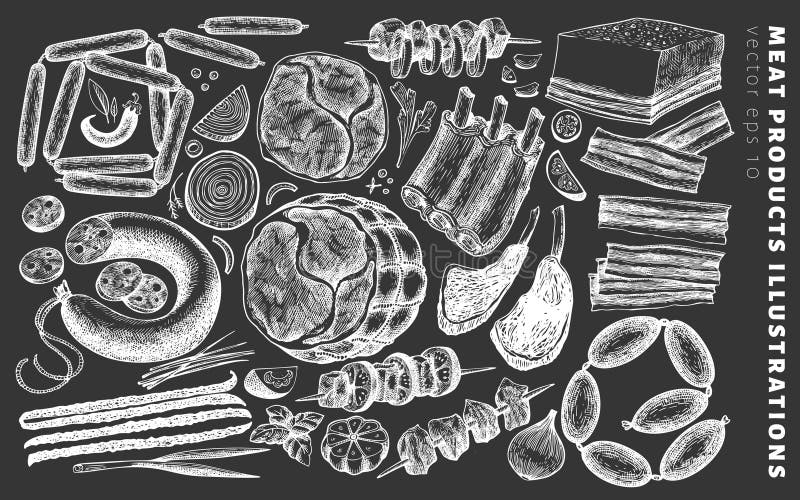 Roczników mięsnych produktów wektorowe ilustracje na kredowej desce Wręcza patroszonego baleron, kiełbasy, jamon, mięsnego stek, ilustracji Roczników mięsnych produktów wektorowe ilustracje na kredowej desce Wręcza patroszonego baleron, kiełbasy, jamon, mięsnego stek, ilustracji
