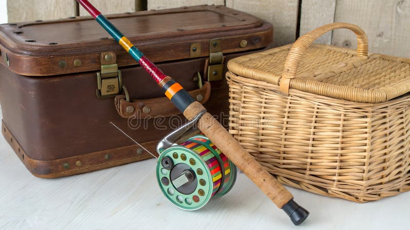 Rod e Reel Rig. Barre da pesca colorate e bobine. annidato in un cestello di vimini accanto a una scatola di congiurata di cuoio. illustrazione vettoriale
