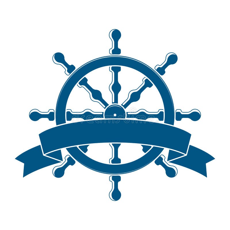 Roda do navio com bandeira. Emblema náutico ilustração royalty free Roda do navio com bandeira. Emblema náutico ilustração royalty free