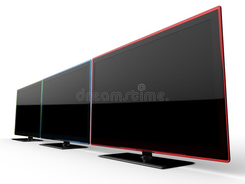 Rode, blauwe, en groene Televisies - zijaanzicht stock foto Rode, blauwe, en groene Televisies - zijaanzicht stock foto