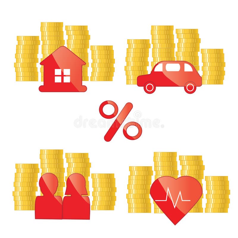 Rode blikpictogrammen met gouden muntstukken Investerend, beleggend, financieringskrediet, de illustratie van het onroerende goed vector illustratie Rode blikpictogrammen met gouden muntstukken Investerend, beleggend, financieringskrediet, de illustratie van het onroerende goed vector illustratie