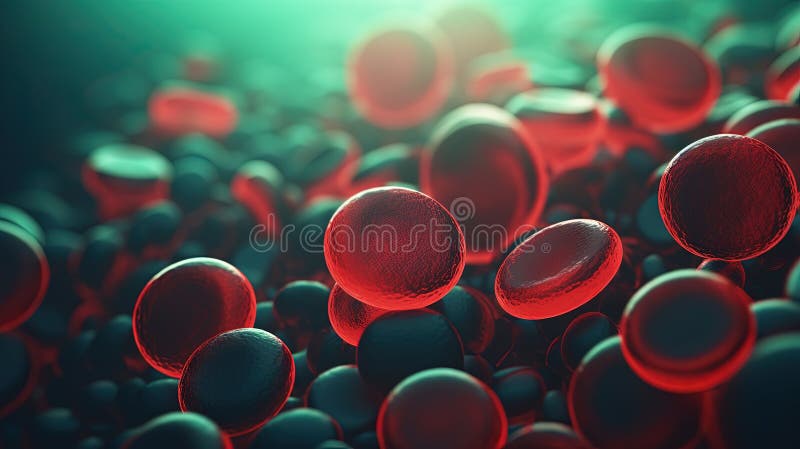 Red blood cells flowing on green background in scientific abstraction. Health and medicine concept AI generated. Red blood cells flowing on green background in scientific abstraction. Health and medicine concept AI generated