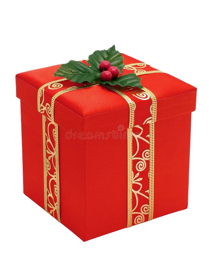 Red Christmas gift box with gold ribbon. Isolated. Clipping path. Red Christmas gift box with gold ribbon. Isolated. Clipping path.