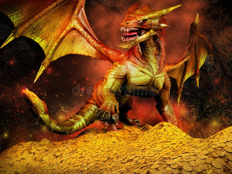 Rode draak op een stapel van goud stock illustratie Rode draak op een stapel van goud stock illustratie