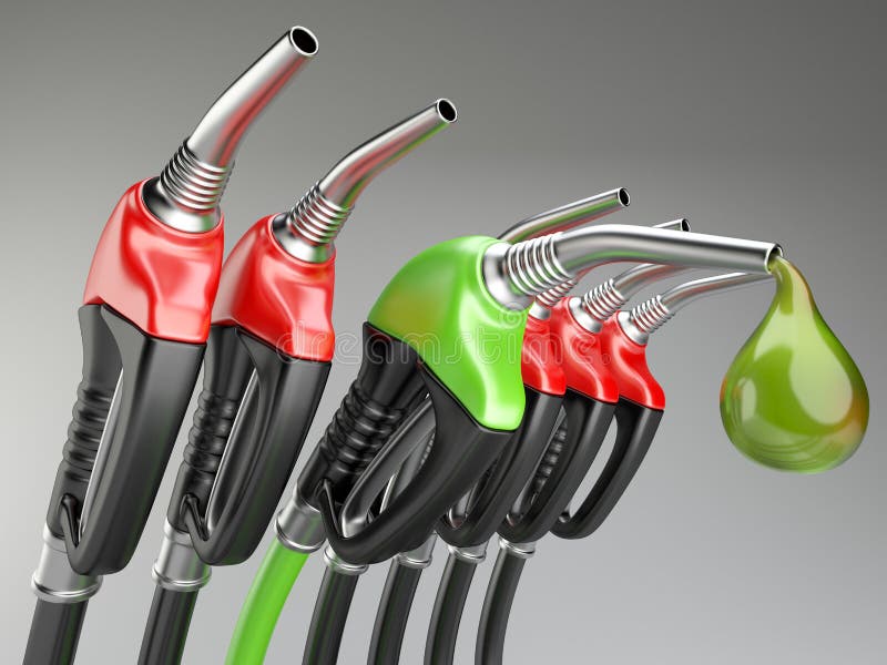 Red and green gas pump nozzle with drop oil. 3d illustration on a white background. Red and green gas pump nozzle with drop oil. 3d illustration on a white background.