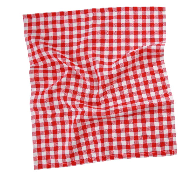 Rode, gevlekte vierkante handdoek, afgesneden uit de bovenste picknick, vaatdoek geïsoleerd