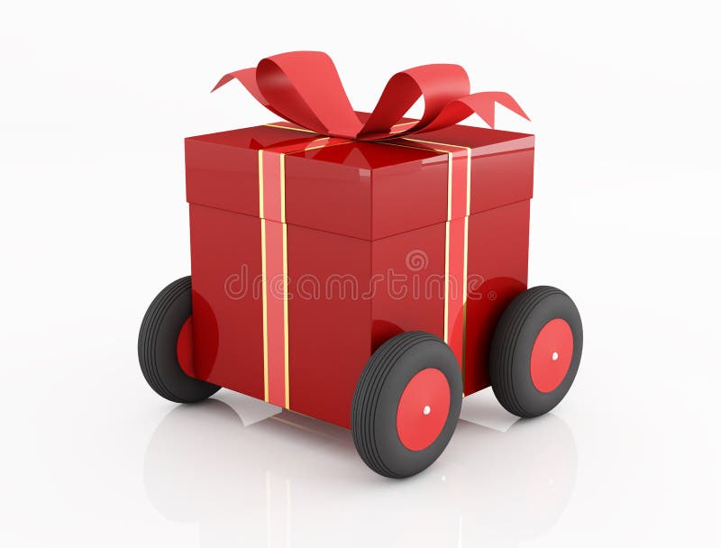 Rode giftdoos op wielen vector illustratie Rode giftdoos op wielen vector illustratie