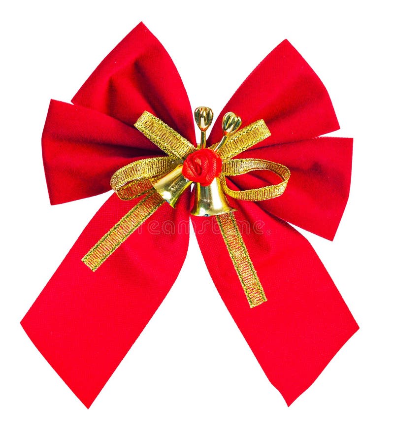 Rode Kerstmisboog met gouden die lint en klokken op wit worden geïsoleerd stock afbeeldingen Rode Kerstmisboog met gouden die lint en klokken op wit worden geïsoleerd stock afbeeldingen