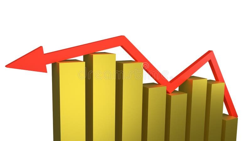 Rode pijlzitting bovenop het krimpen van goudstaven die economische mislukking en recessie vertegenwoordigen vector illustratie Rode pijlzitting bovenop het krimpen van goudstaven die economische mislukking en recessie vertegenwoordigen vector illustratie