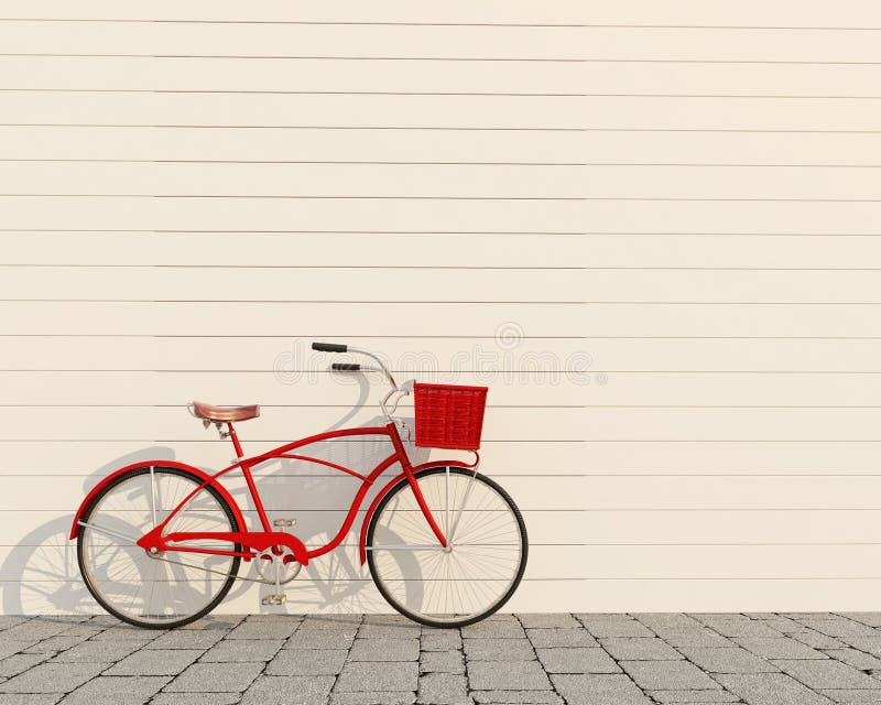 Rode retro fiets met mand voor de witte muur, achtergrond