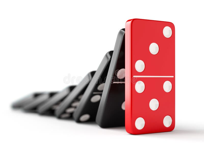 Unique red domino tile stops falling black dominoes. Leadership, teamwork and business strategy concept. Unique red domino tile stops falling black dominoes. Leadership, teamwork and business strategy concept.