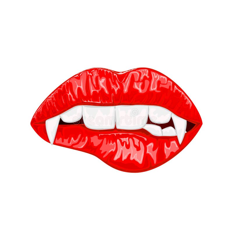 Rode vrouwelijke lippen met vampierhoektanden