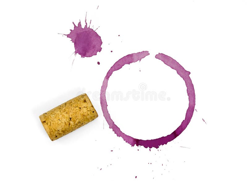 Red wine glass stain and cork stains with spatter and plain cork on a white background. Red wine glass stain and cork stains with spatter and plain cork on a white background.