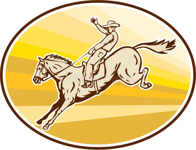 Rodeo Cowboy Riding Horse Oval Retro vector illustration Rodeo Cowboy Riding Horse Oval Retro vector illustration