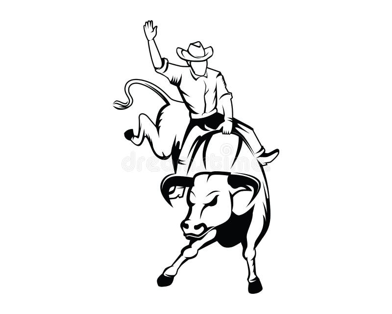 Rodeo or Cowboy Riding a Wild and Furious Bull Illustration with Silhouette Style. Vector