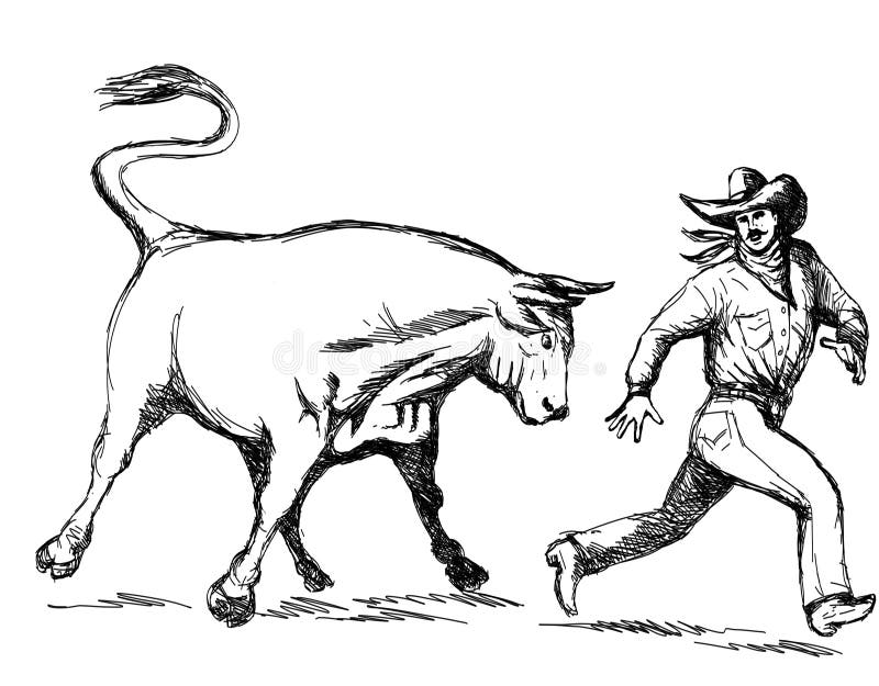 Drawing sketch style illustration of a cowboy holding lasso riding