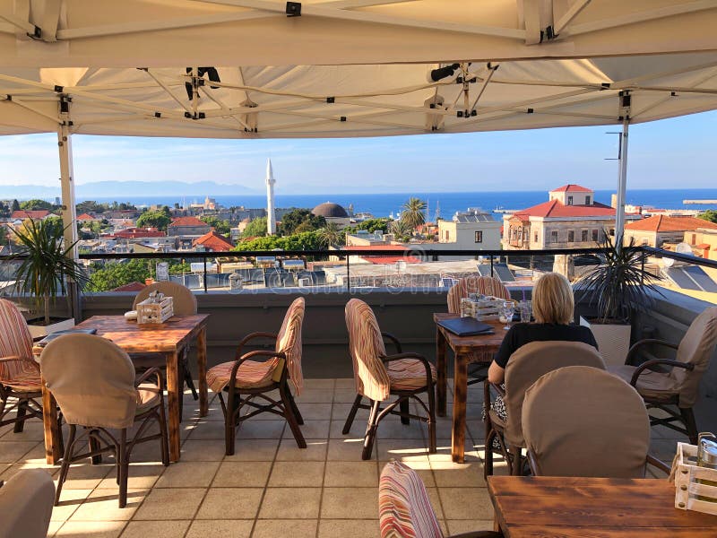 Panoramic view of old town Rhodes from summer  restaurant terrace