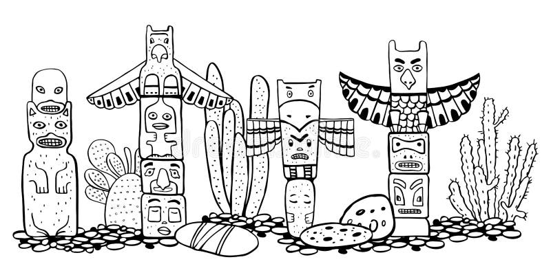 Rodowitego Amerykanina totemu tradycyjni słupy i catuses Wektorowa ręka rysująca konturu doodle nakreślenia ilustracja royalty ilustracja Rodowitego Amerykanina totemu tradycyjni słupy i catuses Wektorowa ręka rysująca konturu doodle nakreślenia ilustracja royalty ilustracja
