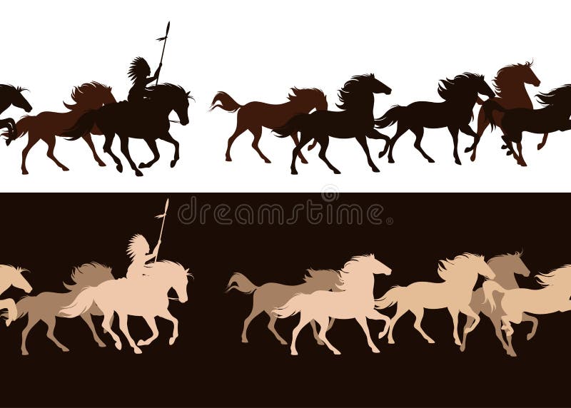 Native american tribal chief riding horse among galloping mustang herd - horizontally seamless vector silhouette border design. Native american tribal chief riding horse among galloping mustang herd - horizontally seamless vector silhouette border design