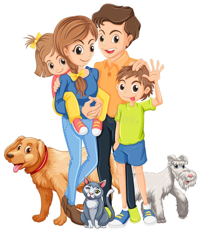 Rodzina z dwa zwierzętami domowymi i dzieciakami ilustracji Rodzina z dwa zwierzętami domowymi i dzieciakami ilustracji