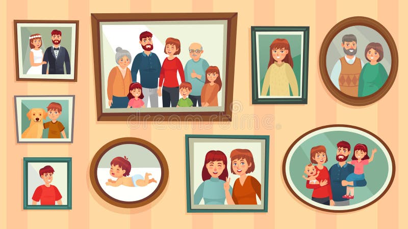 Rodzinne ramki zdjęć z kreskówek Portrety szczęśliwych ludzi w klatkach na obrazki ścienne, zdjęcia portretowe rodziny, ilustracj