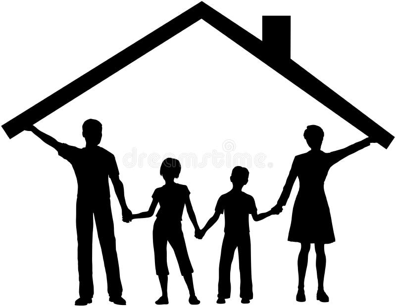 Silhouette family safe at home as mom and dad hold up the roof over kids. Silhouette family safe at home as mom and dad hold up the roof over kids