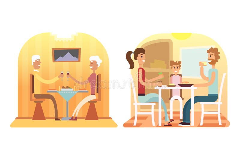 Rodzinni wakacyjni kreskówek pojęcia Mama, tata, syn, córka przy gościem restauracji royalty ilustracja Rodzinni wakacyjni kreskówek pojęcia Mama, tata, syn, córka przy gościem restauracji royalty ilustracja