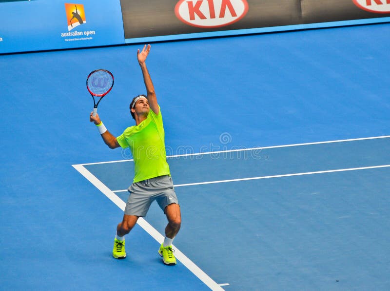 Roger Federer que juega en Abierto de Australia foto de archivo Roger Federer que juega en Abierto de Australia foto de archivo
