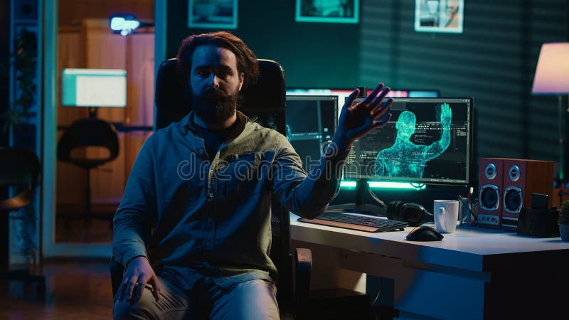 Omniscient evil sentient AI possessing developer, SF dystopian concept stock images
