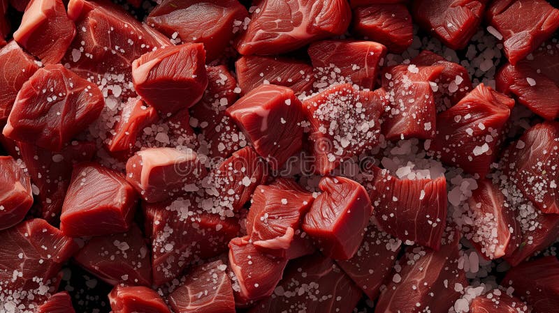 A close-up image showcasing succulent raw beef cubes generously seasoned with coarse salt crystals. A close-up image showcasing succulent raw beef cubes generously seasoned with coarse salt crystals