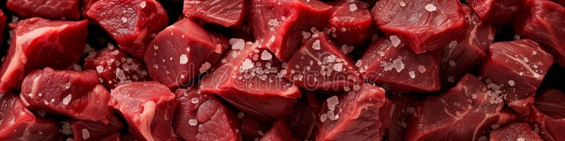 A close-up image showcasing succulent raw beef cubes generously seasoned with coarse salt crystals. A close-up image showcasing succulent raw beef cubes generously seasoned with coarse salt crystals