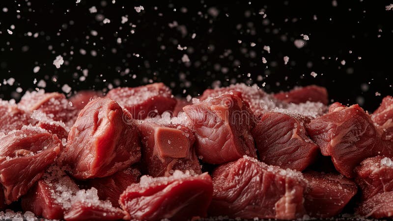 A close-up image showcasing succulent raw beef cubes generously seasoned with coarse salt crystals. A close-up image showcasing succulent raw beef cubes generously seasoned with coarse salt crystals