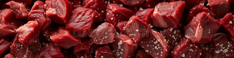 A close-up image showcasing succulent raw beef cubes generously seasoned with coarse salt crystals. A close-up image showcasing succulent raw beef cubes generously seasoned with coarse salt crystals