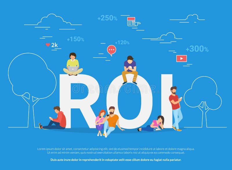 ROI-Konzeptillustration von den Geschäftsleuten, die Geräte für das Kaufen von neuen apps und von digitalen Waren verwenden lizenzfreie abbildung ROI-Konzeptillustration von den Geschäftsleuten, die Geräte für das Kaufen von neuen apps und von digitalen Waren verwenden lizenzfreie abbildung
