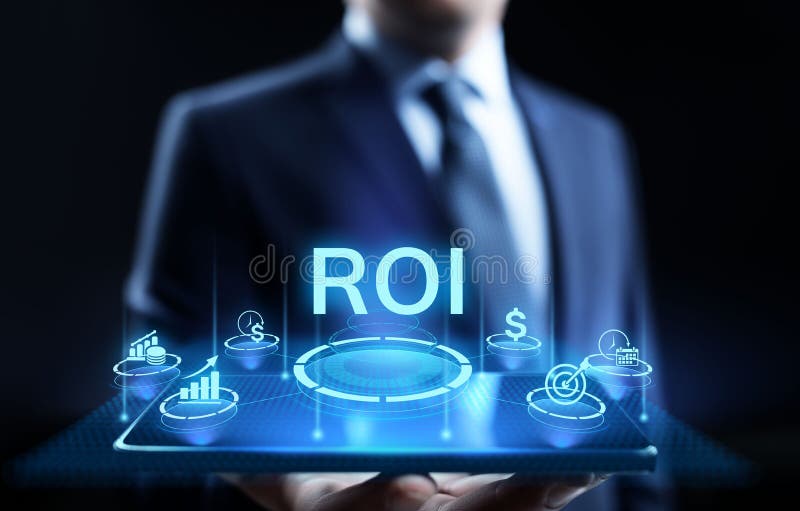 ROI Return no conceito financeiro do crescimento do investimento com gráfico, carta e ícones foto de stock ROI Return no conceito financeiro do crescimento do investimento com gráfico, carta e ícones foto de stock