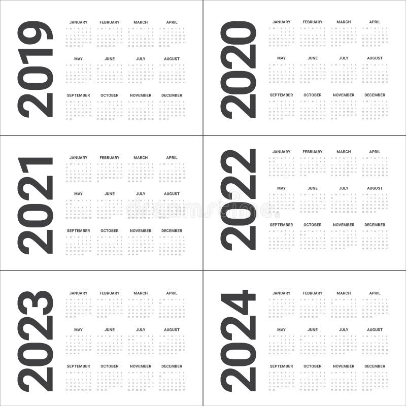 Rok 2019 2020 2021 2022 2023 2024 projekta kalendarzowy wektorowy templa ilustracji