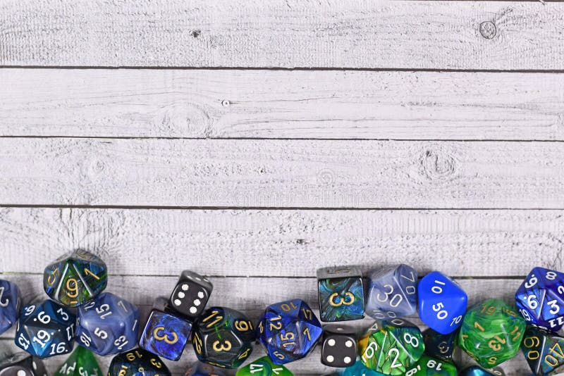 Roleplay Game Background with Different Blue and Green RPG Dices at Bottom  of Wooden Table Background with Copy Space Stock Image - Image of color,  play: 189398529