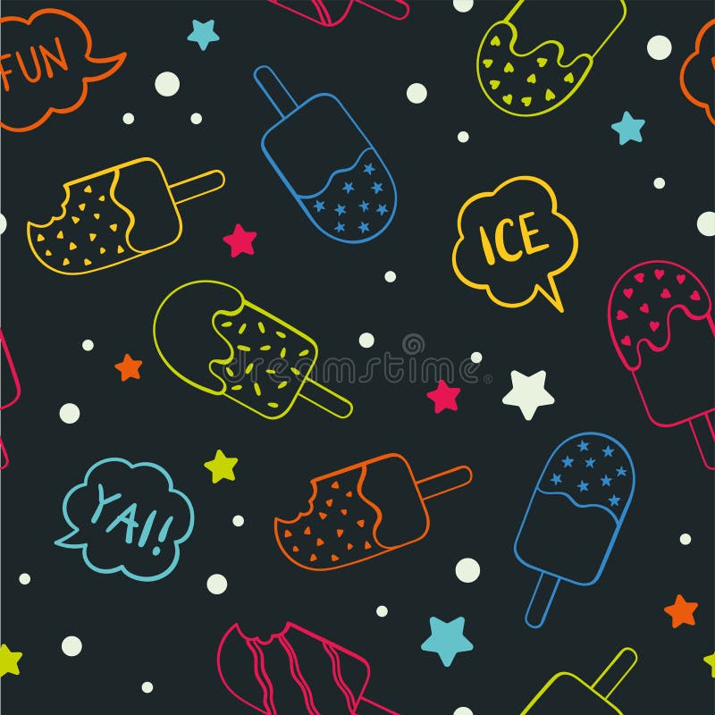 Rolig färgrik sömlös modell med popcicle och typ, neonbakgrund, hand dras med stjärnor, och prickar för lyckligt neon som barnsli stock illustrationer Rolig färgrik sömlös modell med popcicle och typ, neonbakgrund, hand dras med stjärnor, och prickar för lyckligt neon som barnsli stock illustrationer