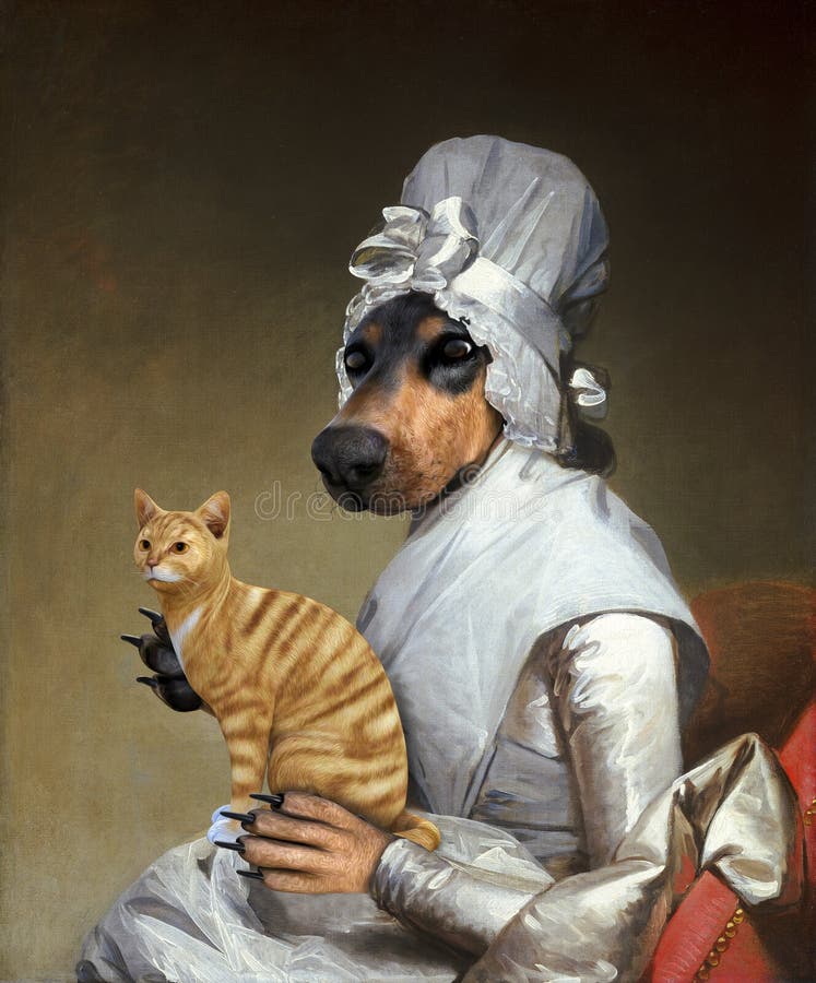 Rolig katt, hund, overklig olje- målning stock illustrationer Rolig katt, hund, overklig olje- målning stock illustrationer