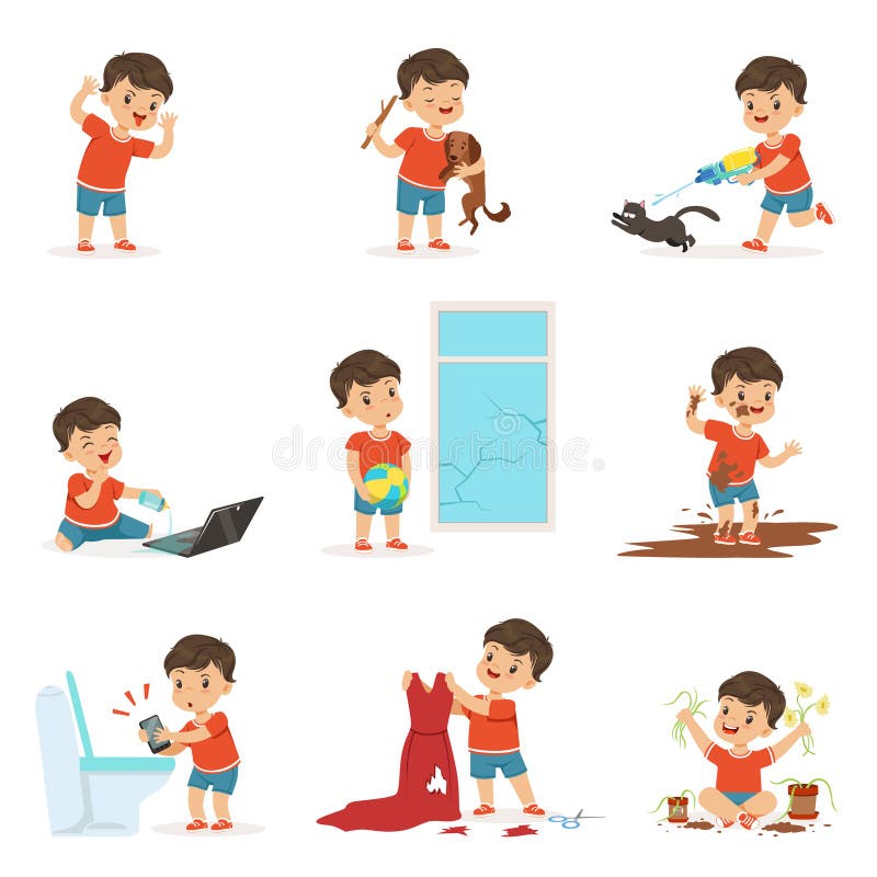 Rolig liten unge som spelar lekar och gör röra vektor illustrationer Rolig liten unge som spelar lekar och gör röra vektor illustrationer