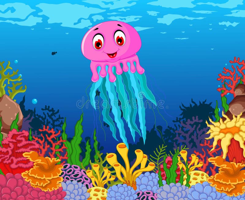 Rolig manettecknad film med bakgrund för skönhethavsliv vektor illustrationer Rolig manettecknad film med bakgrund för skönhethavsliv vektor illustrationer