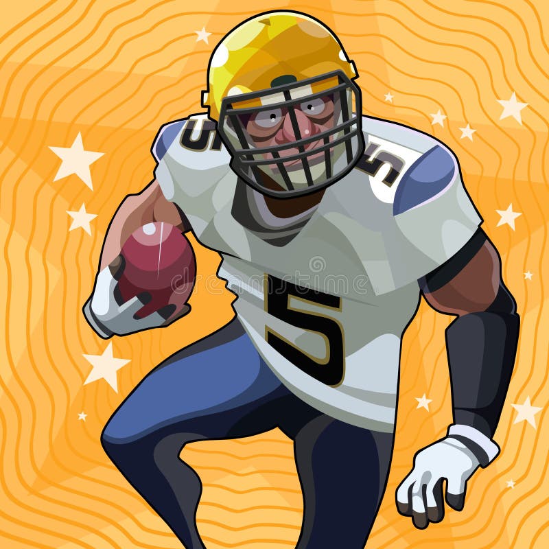 Rolig manlig amerikansk fotbollsspelare för tecknad film som spelar fotboll med bollen i hans hand royaltyfri illustrationer Rolig manlig amerikansk fotbollsspelare för tecknad film som spelar fotboll med bollen i hans hand royaltyfri illustrationer