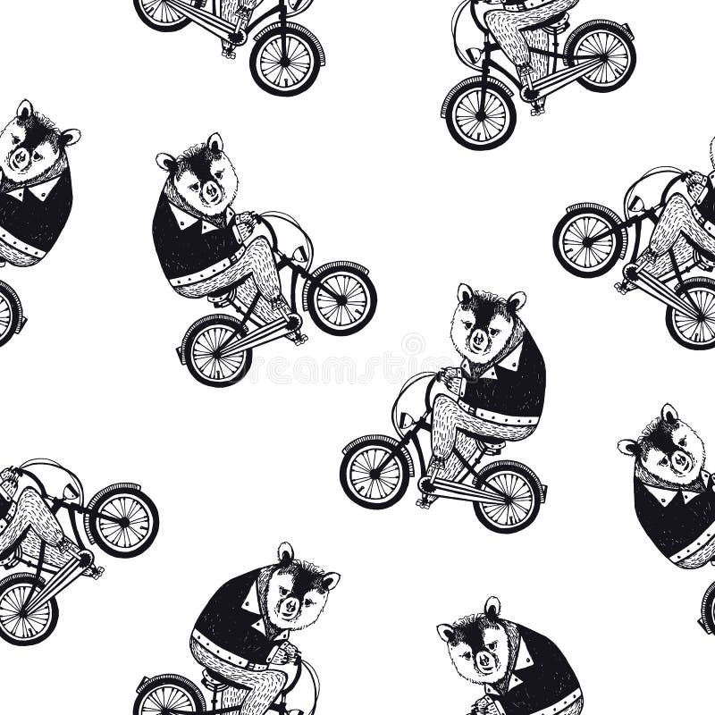 Rolig sömlös modell med cykeln för ridning för skjorta för gullig tecknad filmbrunbjörn den iklädda mörka på vit bakgrund tecknad stock illustrationer Rolig sömlös modell med cykeln för ridning för skjorta för gullig tecknad filmbrunbjörn den iklädda mörka på vit bakgrund tecknad stock illustrationer