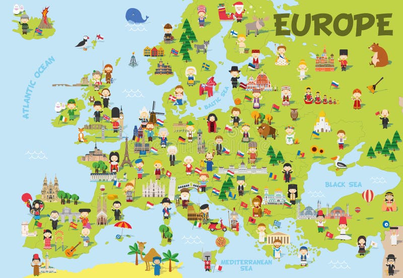 Rolig tecknad filmöversikt av Europa med barn, representativa monument, djur och objekt allra länderna