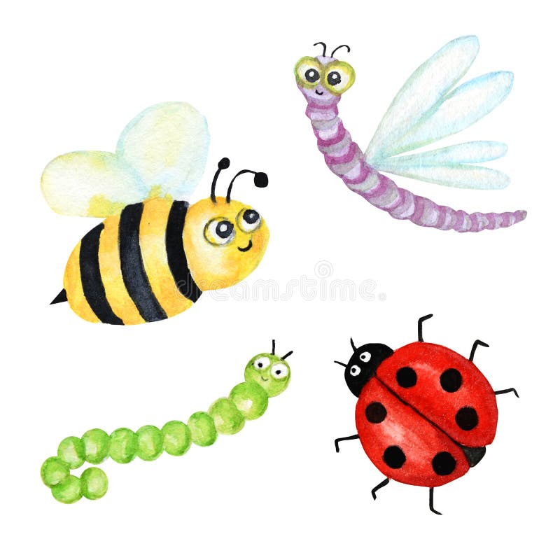 Rolig vattenfärg, ljus tecknad filmkrypsamling Wasp biet, humla, avmaskar, larven, nyckelpigan, slända royaltyfri foto Rolig vattenfärg, ljus tecknad filmkrypsamling Wasp biet, humla, avmaskar, larven, nyckelpigan, slända royaltyfri foto