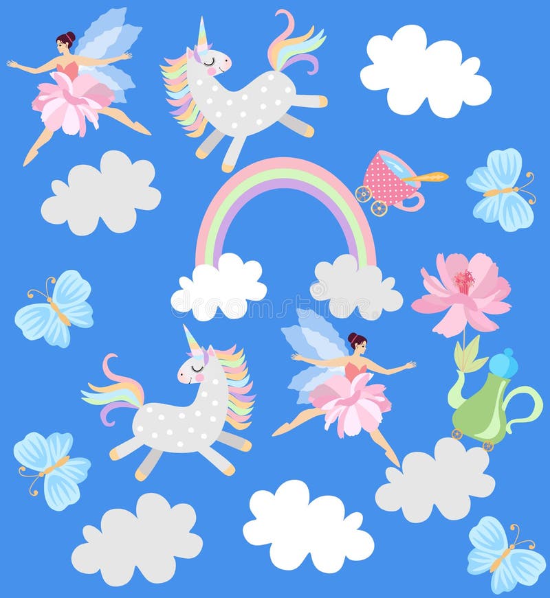 Roliga enhörningar, bevingade feer, tekanna med blommor, kopp te, regnbåge, moln och fjärilar på blå bakgrund för himmel i vektor vektor illustrationer